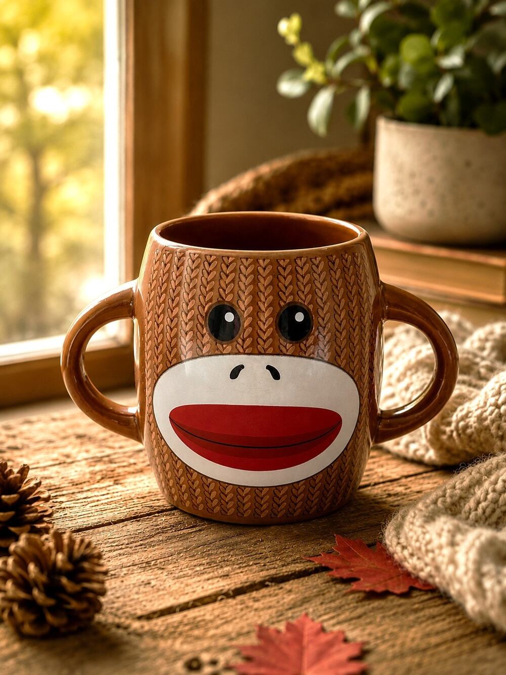Galerie Sock Monkey Mug Brown Knit Design Double Handle Ceramic Coffee Cup 12 oz